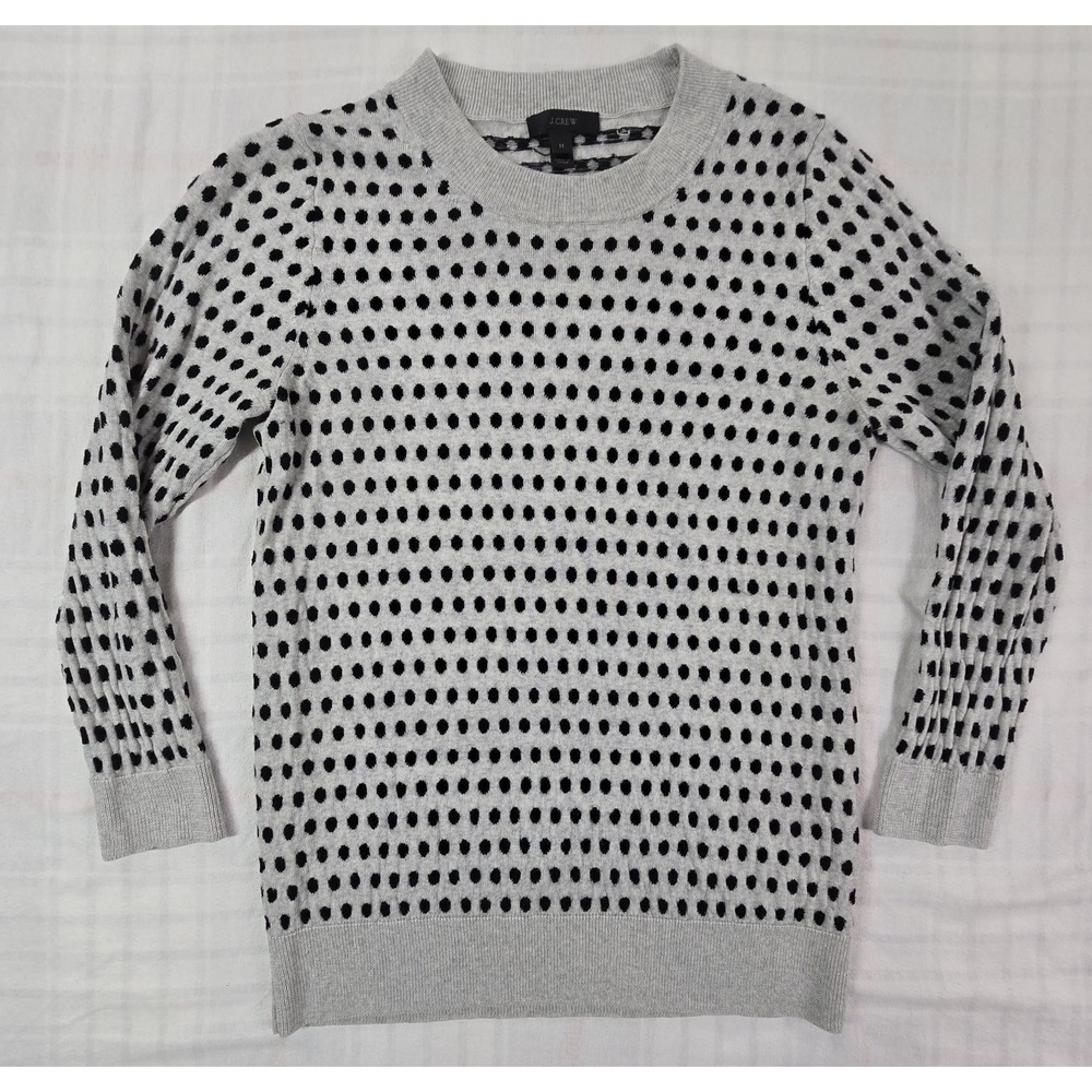 J Crew Womens Tippi Sweater 100% Merino Wool Jacquard Dot Crew Neck Black Grey M